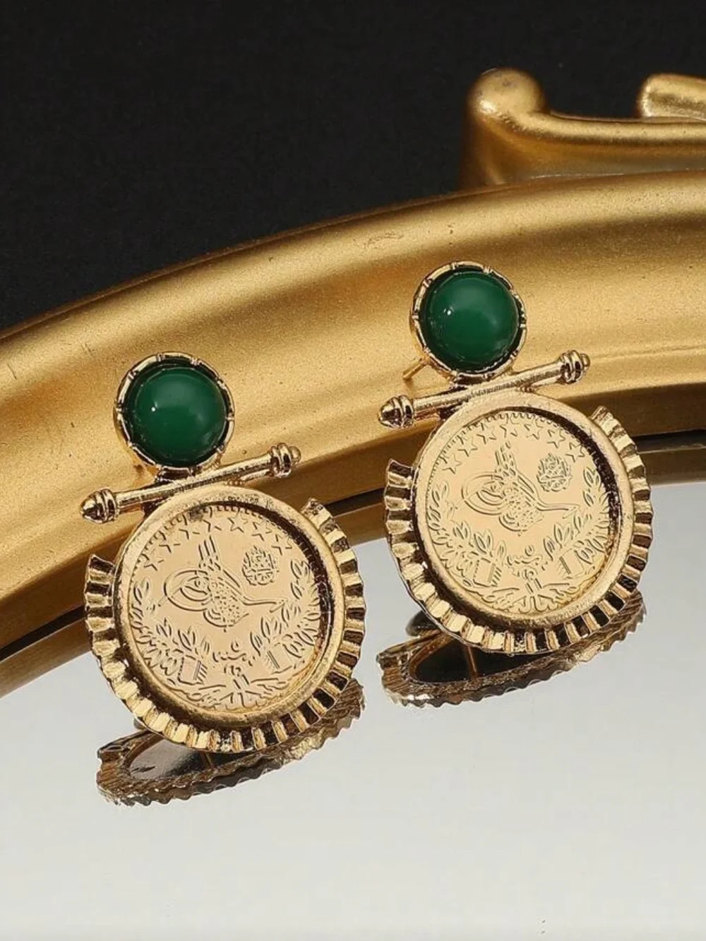 Gold Coin Drop Earrings with Green Cabochon